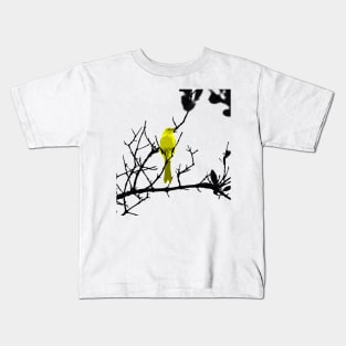 Yellow bird on a black tree Kids T-Shirt